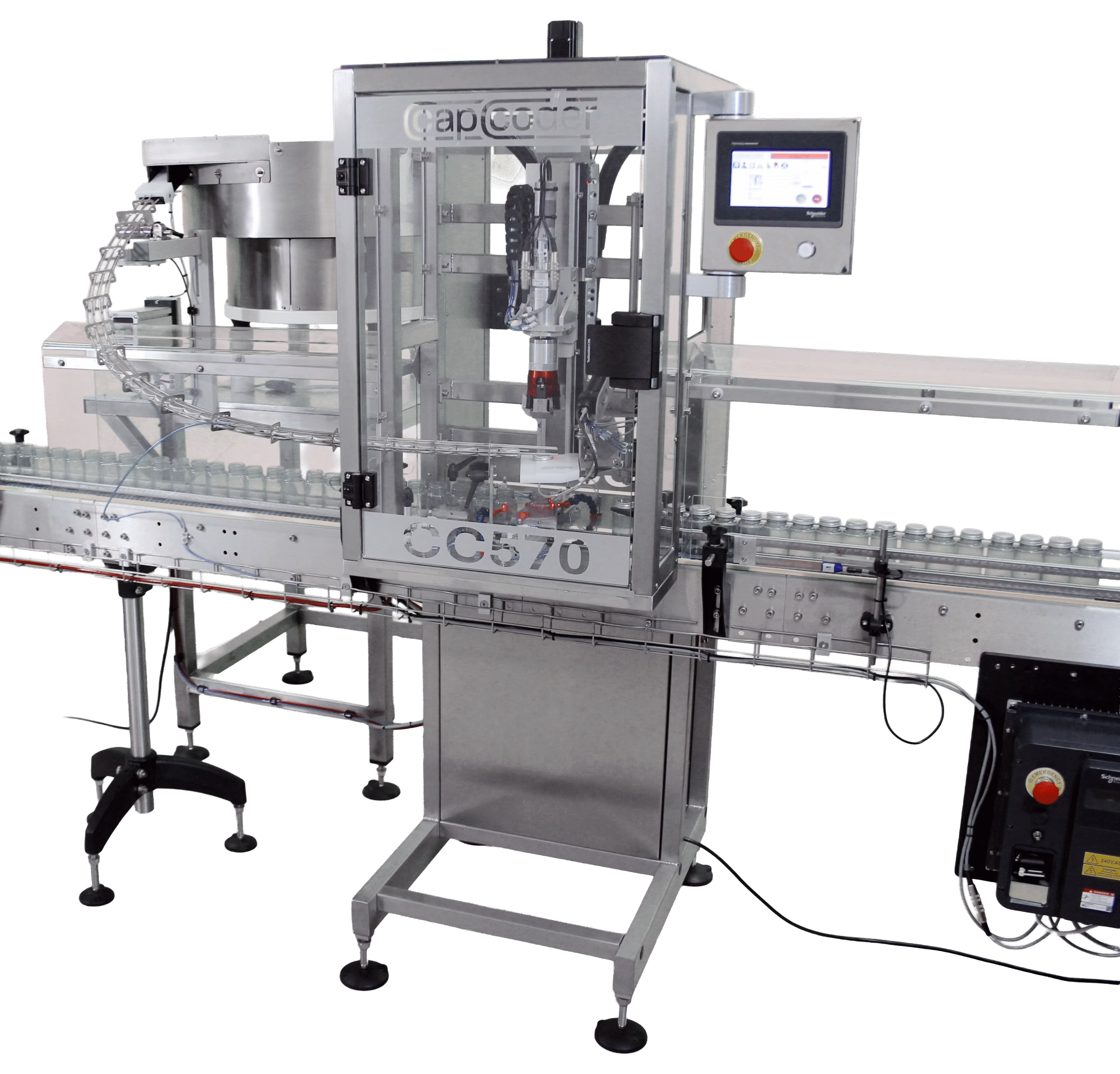 CC570 Automatic Capping Machine For Inline Production Lines, Complete with Automatic Cap Transfer Fed From a Bowl Feeder.